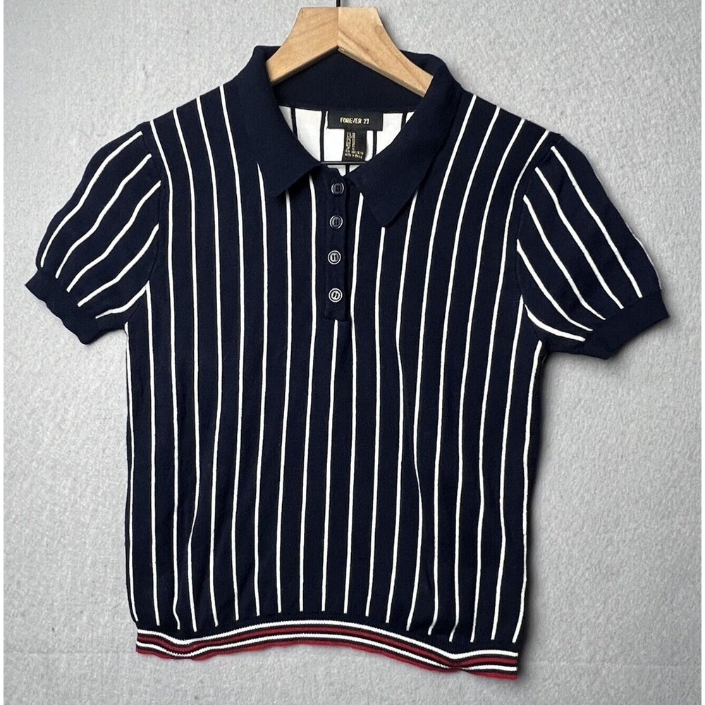 Forever 21 Womens Knitted Polo Sweater Cap Sleeves Striped Blue White Medium
